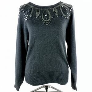 Black Beaded Sequined Long Sleeved Sweater Pullover Dressy Vintage 1980s Small